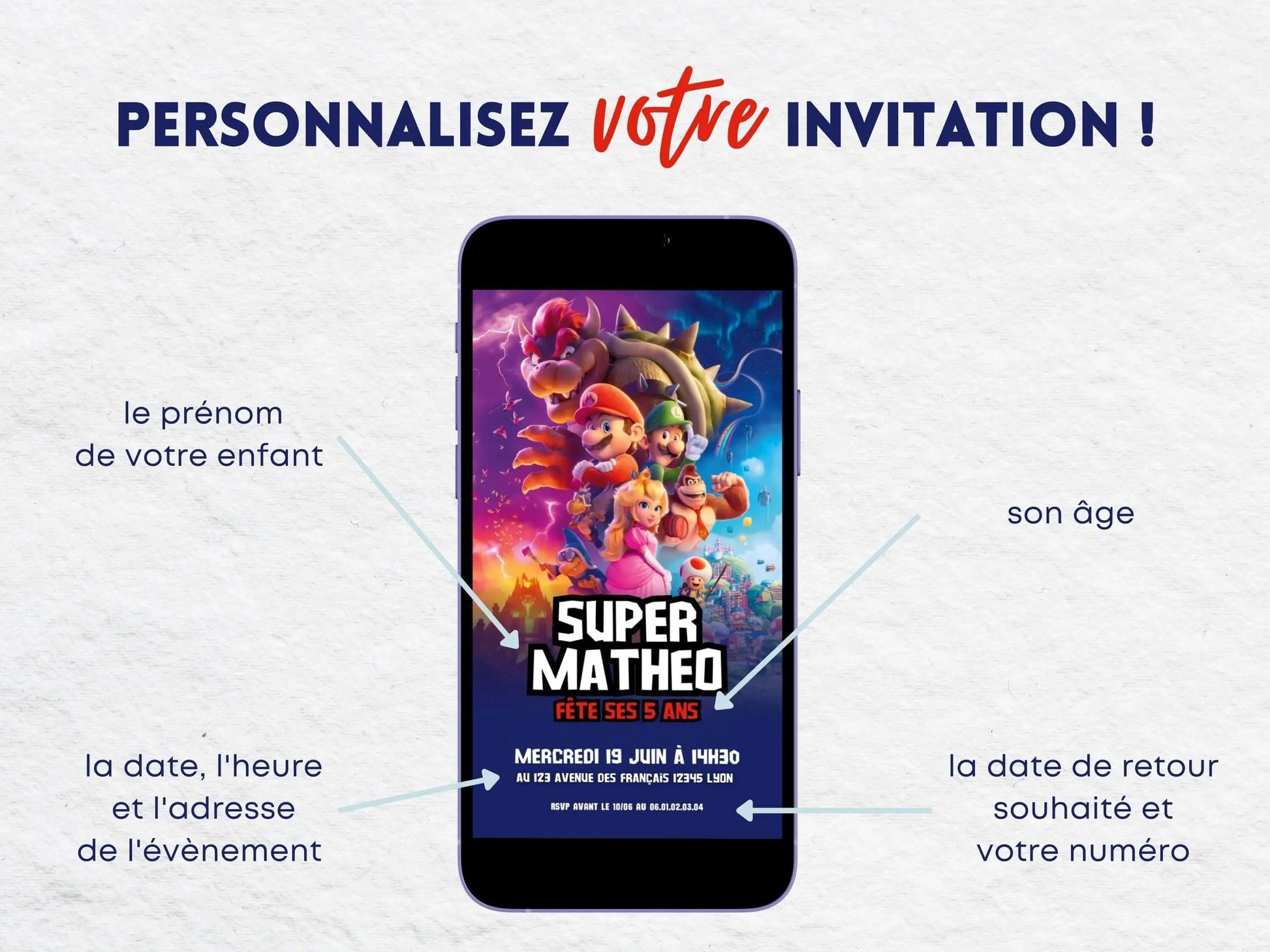 Invitation mobile anniversaire personnalisée SUPER MARIO