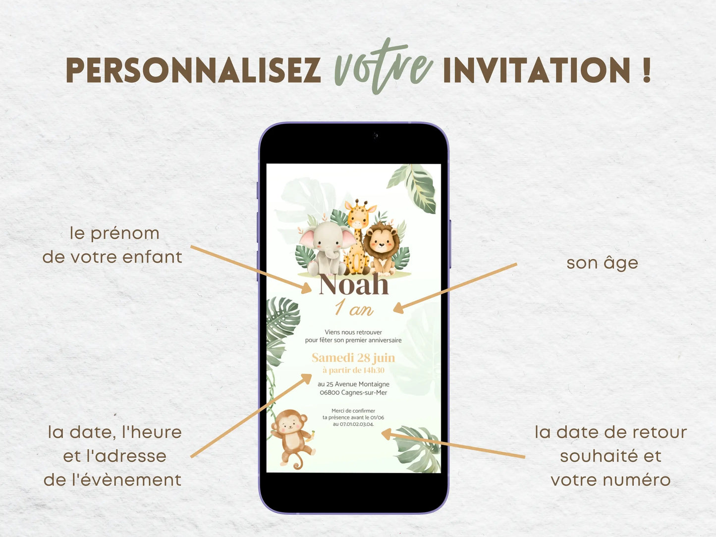 Invitation mobile personnalisée JUNGLE safari animaux