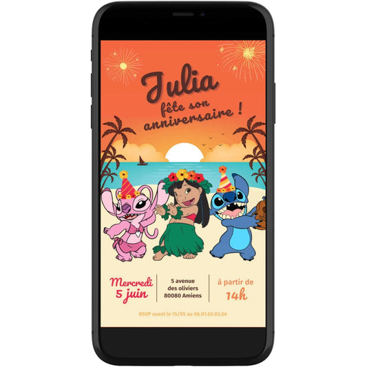 Invitation mobile anniversaire personnalisée LILO, STITCH et ANGEL