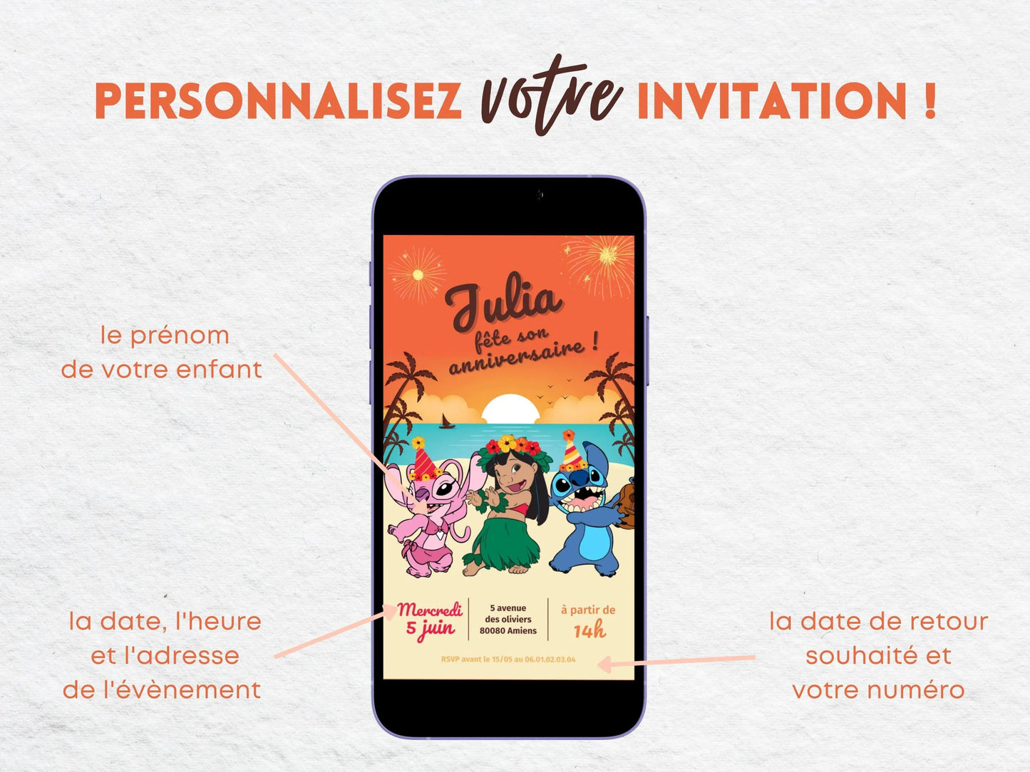 Invitation mobile anniversaire personnalisée LILO, STITCH et ANGEL