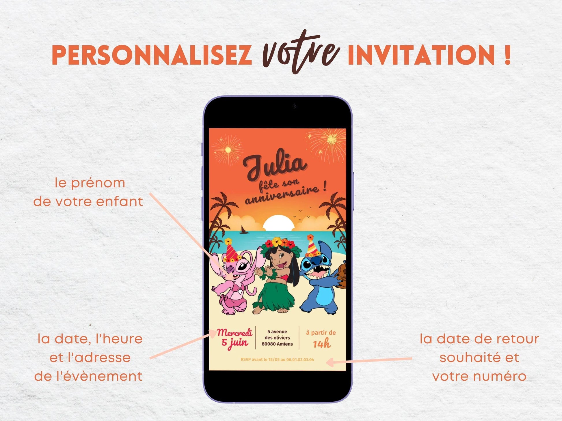 Invitation mobile anniversaire personnalisée LILO, STITCH et ANGEL
