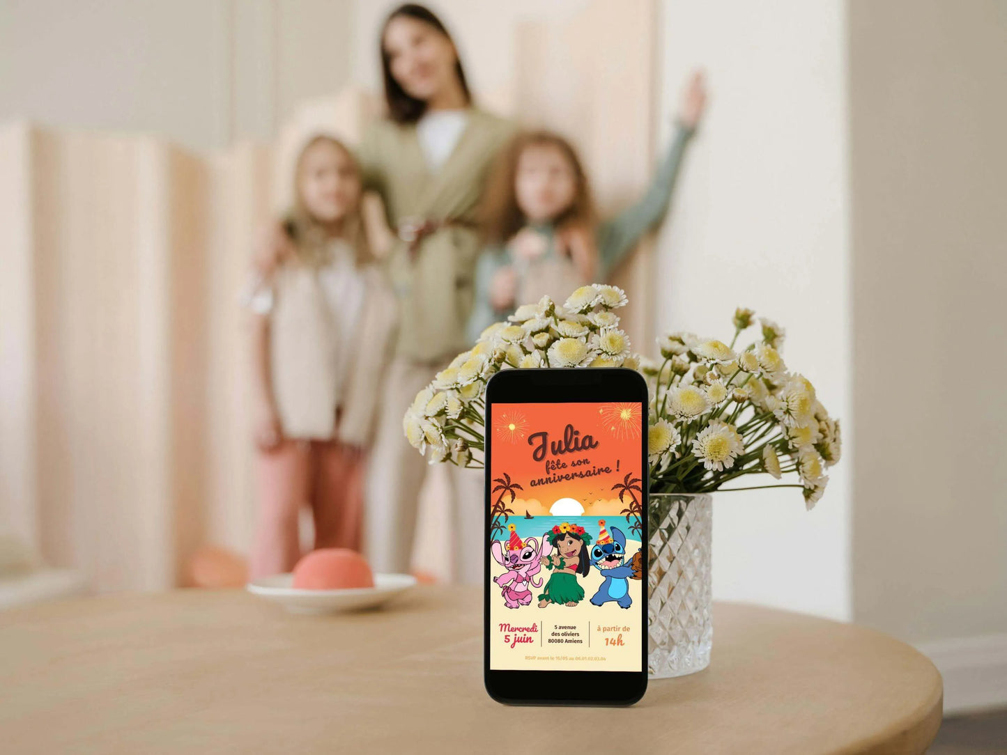 Invitation mobile anniversaire personnalisée LILO, STITCH et ANGEL