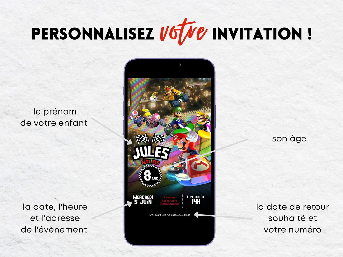 Invitation mobile anniversaire personnalisée MARIO KART