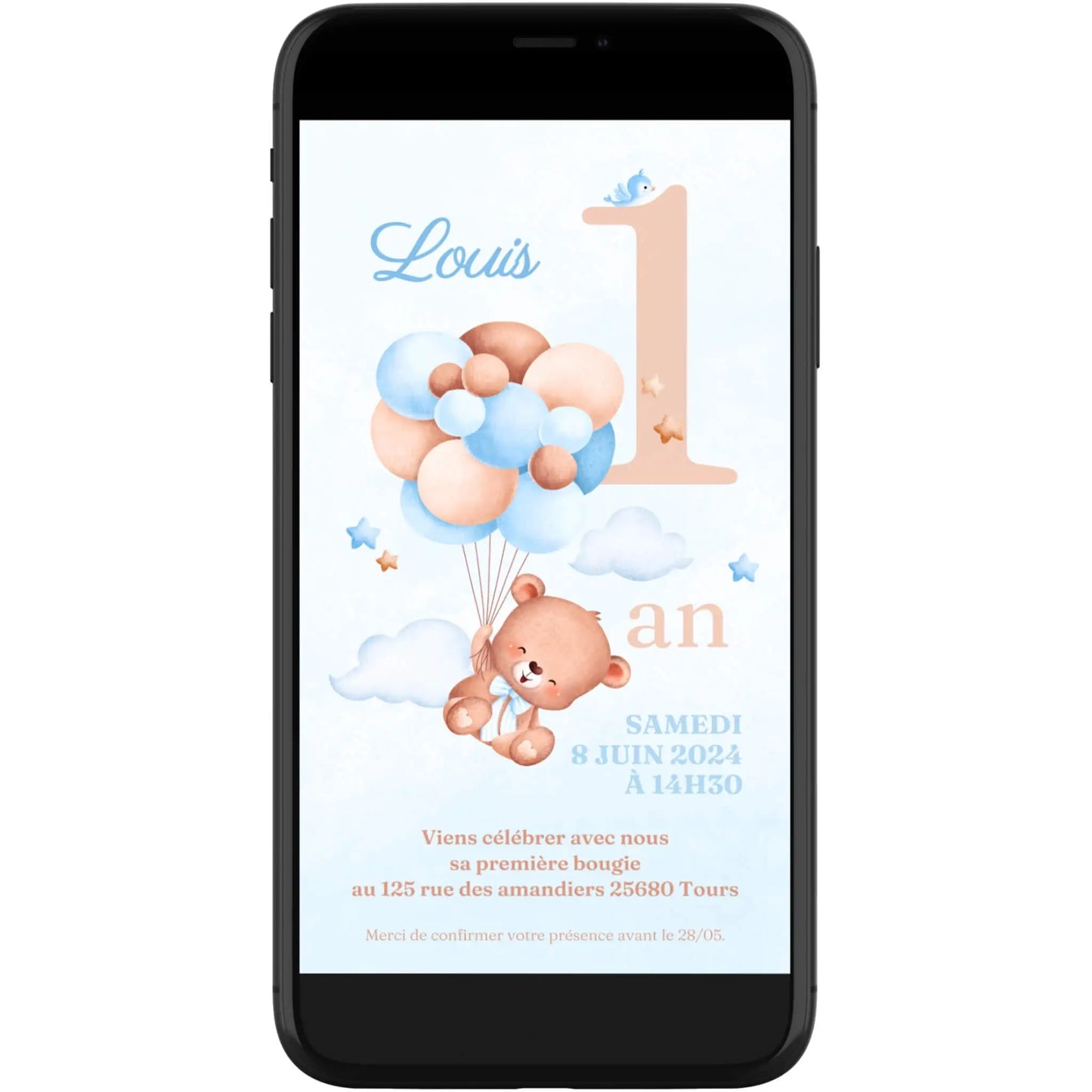 Invitation mobile personnalisée OURSON BLEU