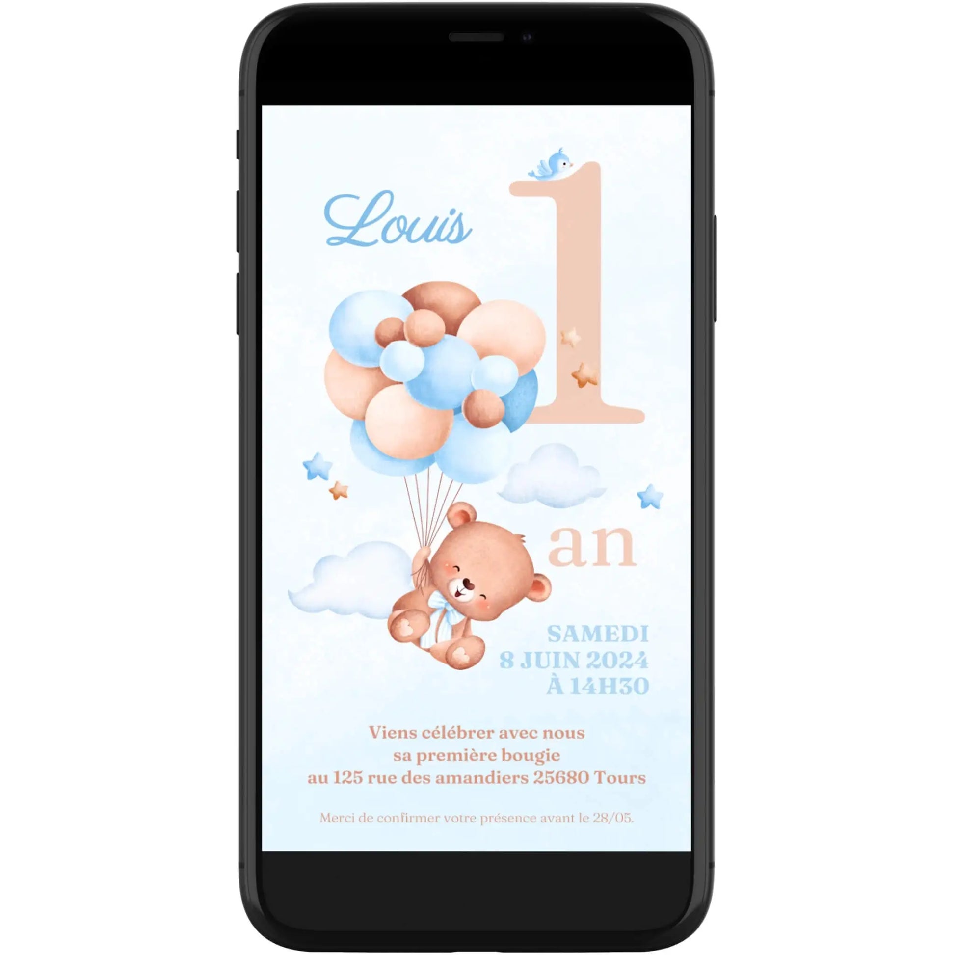 Invitation mobile personnalisée OURSON BLEU