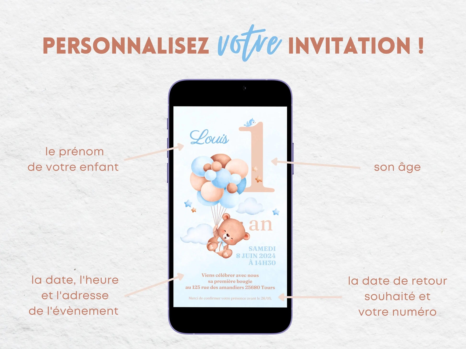 Invitation mobile personnalisée OURSON BLEU