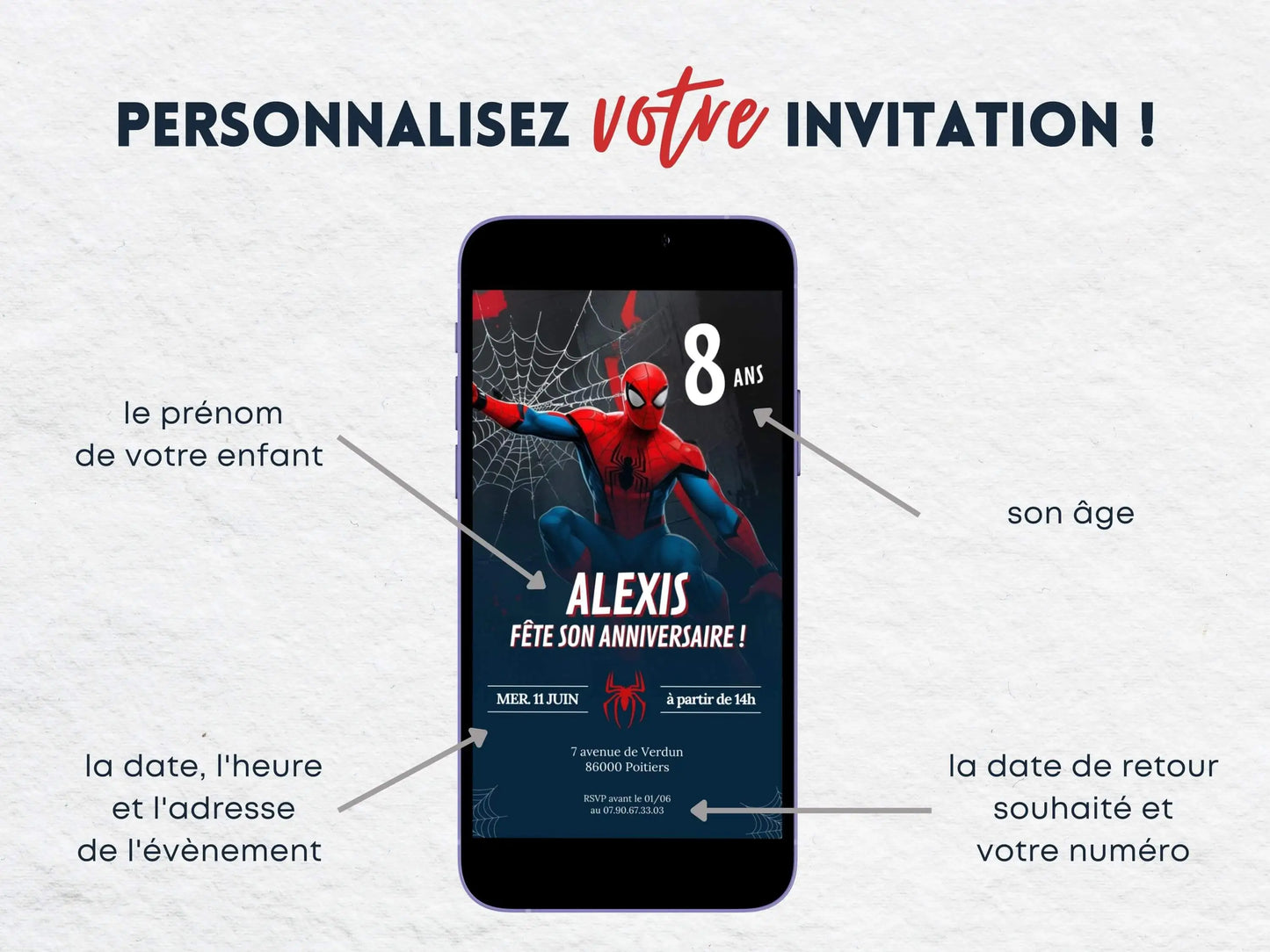 Invitation mobile personnalisée SPIDERMAN anniversaire garçon 8 ans