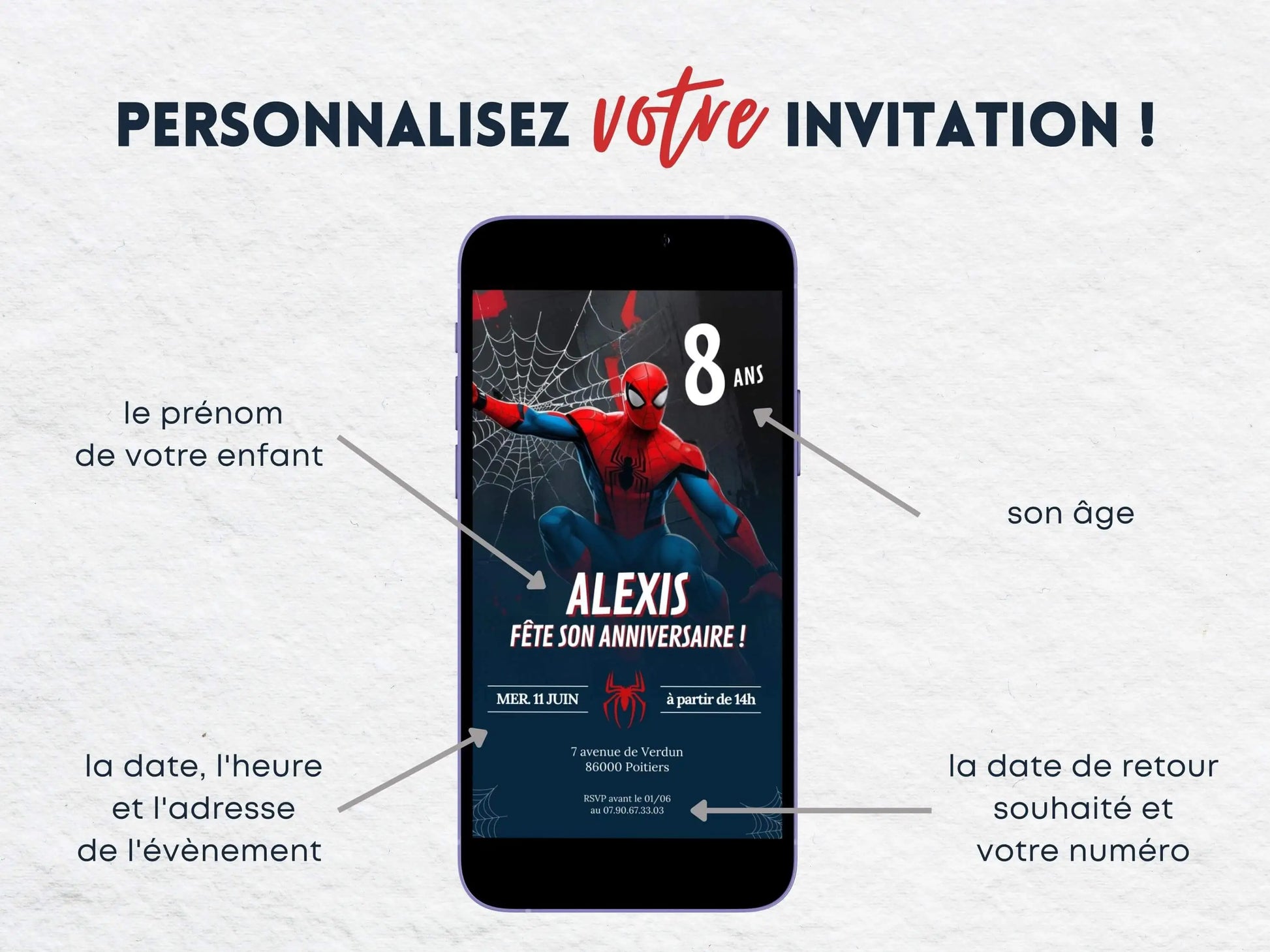 Invitation mobile personnalisée SPIDERMAN anniversaire garçon 8 ans
