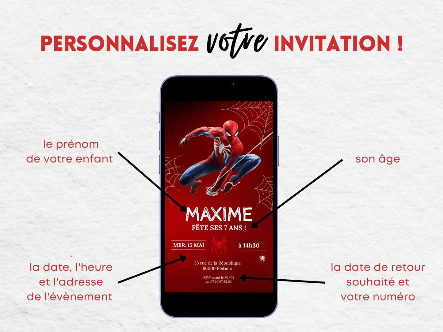 Invitation mobile personnalisée anniversaire SPIDERMAN 7 ans
