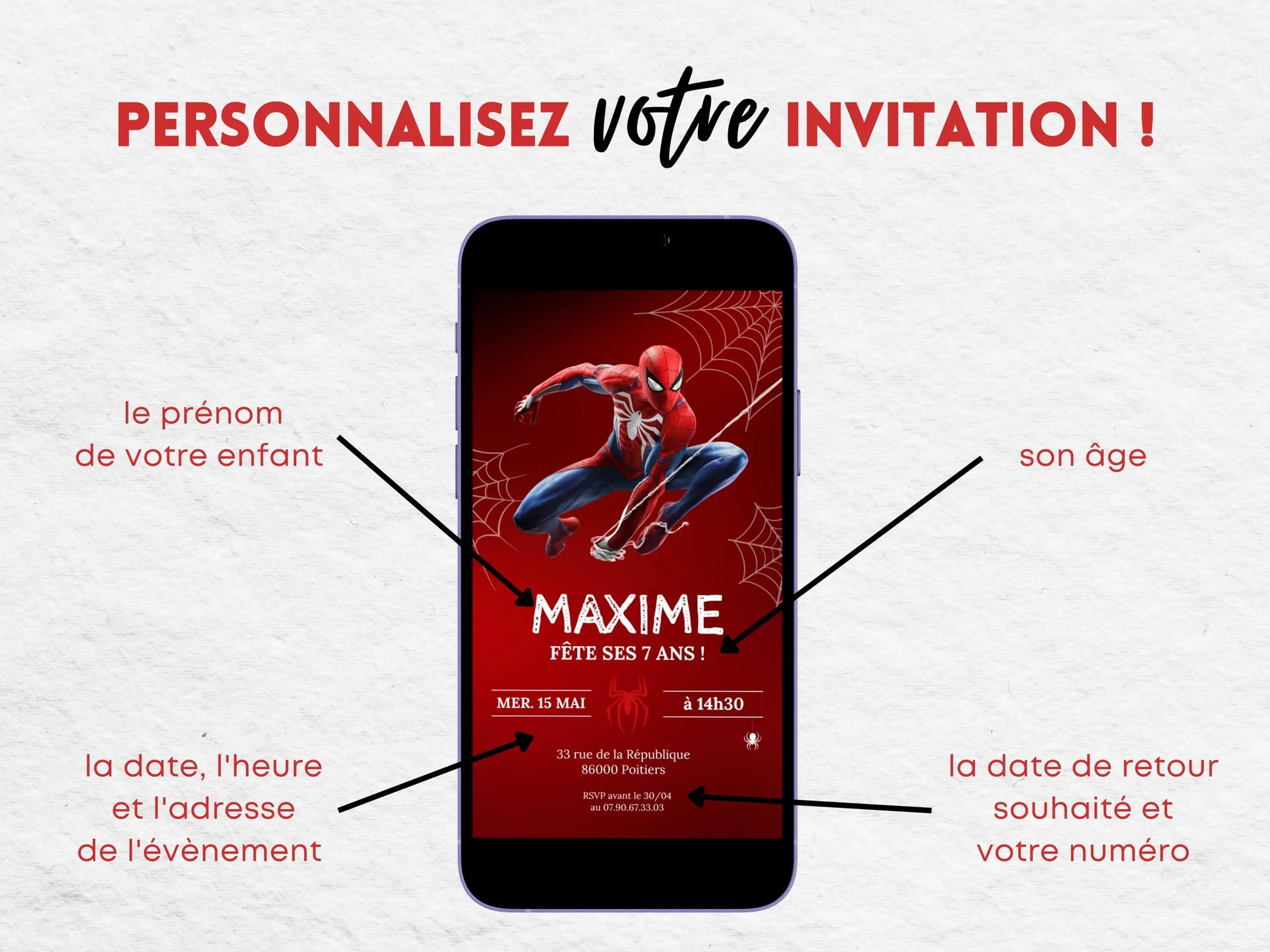 Invitation mobile personnalisée anniversaire SPIDERMAN 7 ans