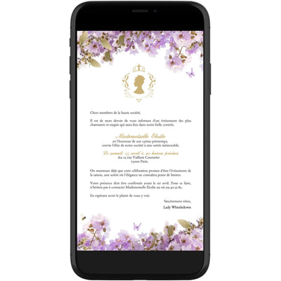 Invitation mobile personnalisée avec fleurs anniversaire BRIDGERTON violet