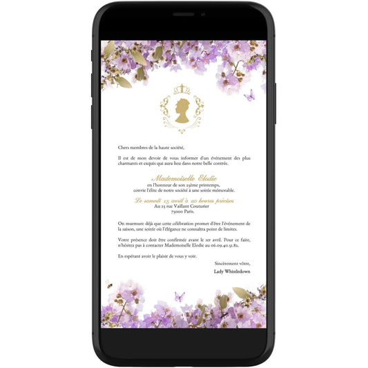 Invitation mobile personnalisée avec fleurs anniversaire BRIDGERTON violet