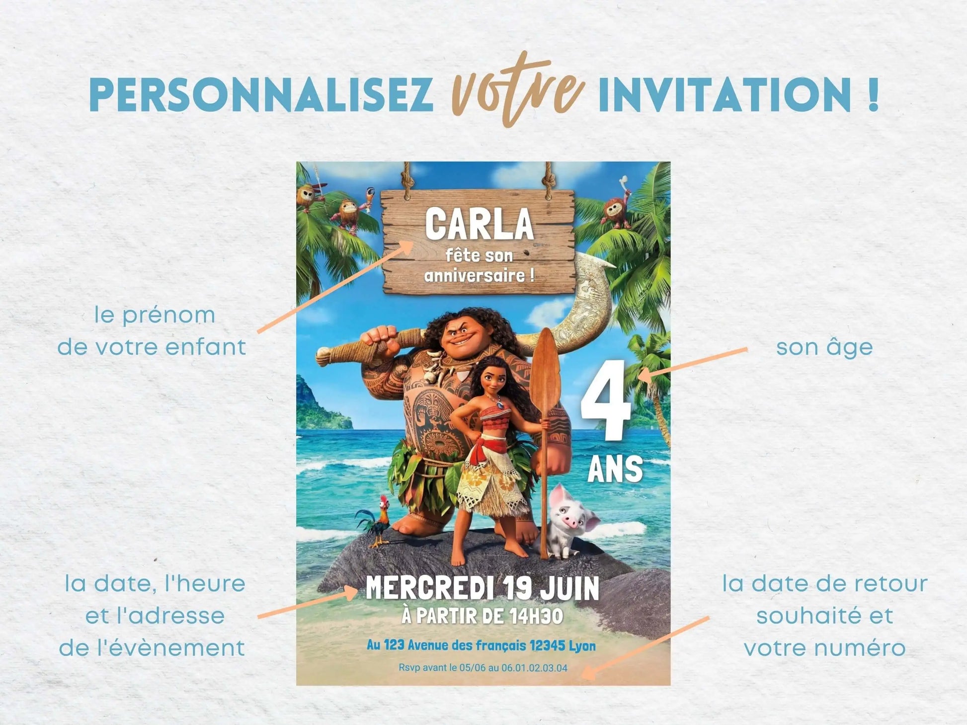 Invitations anniversaire 4 ans  personnalisées VAIANA