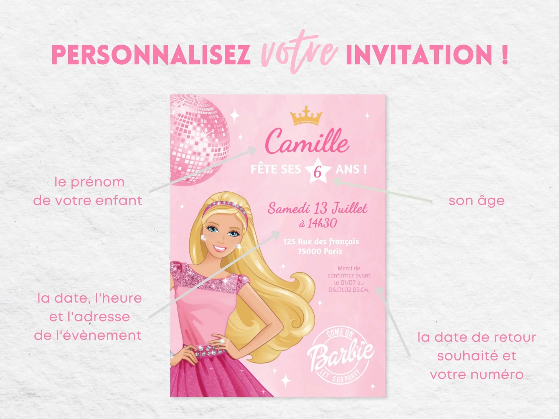 Invitations anniversaire personnalisées BARBIE
