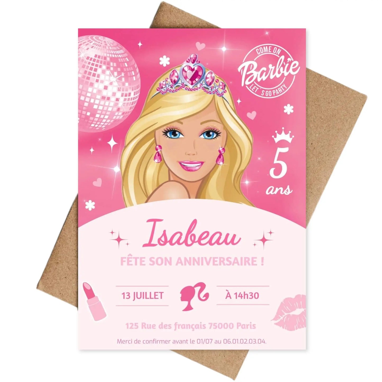 Invitations anniversaire personnalisées BARBIE fille 5 ans