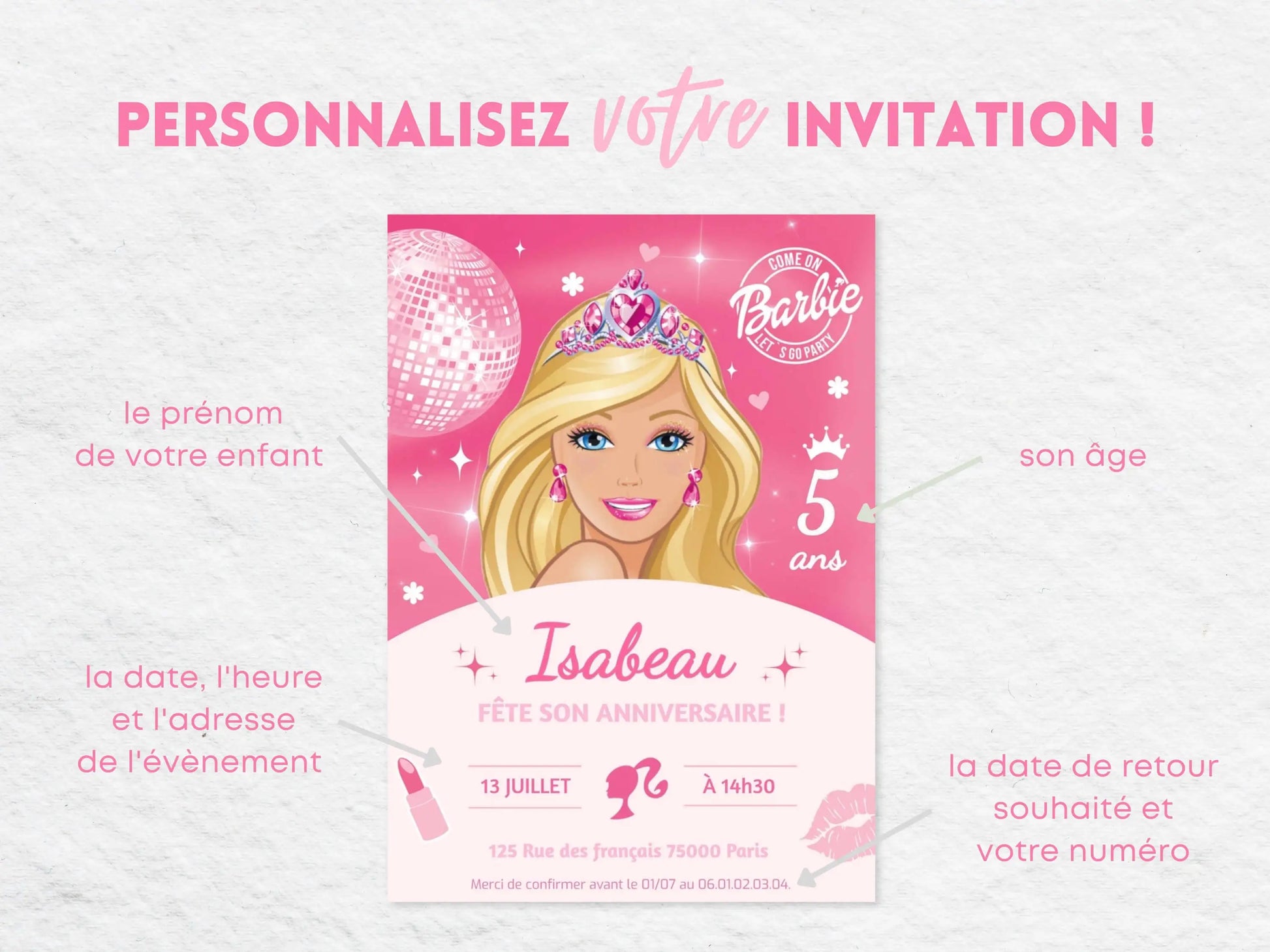 Invitations anniversaire personnalisées BARBIE fille 5 ans