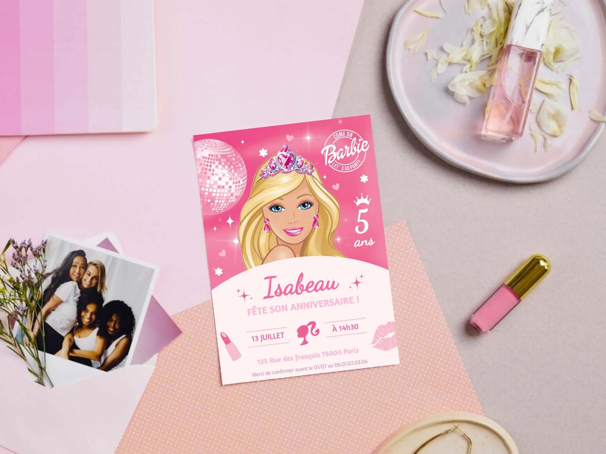 Invitations anniversaire personnalisées BARBIE fille 5 ans