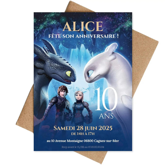 Invitations anniversaire personnalisées DRAGON Krokmou, Furie Éclair, Harold et Astrid