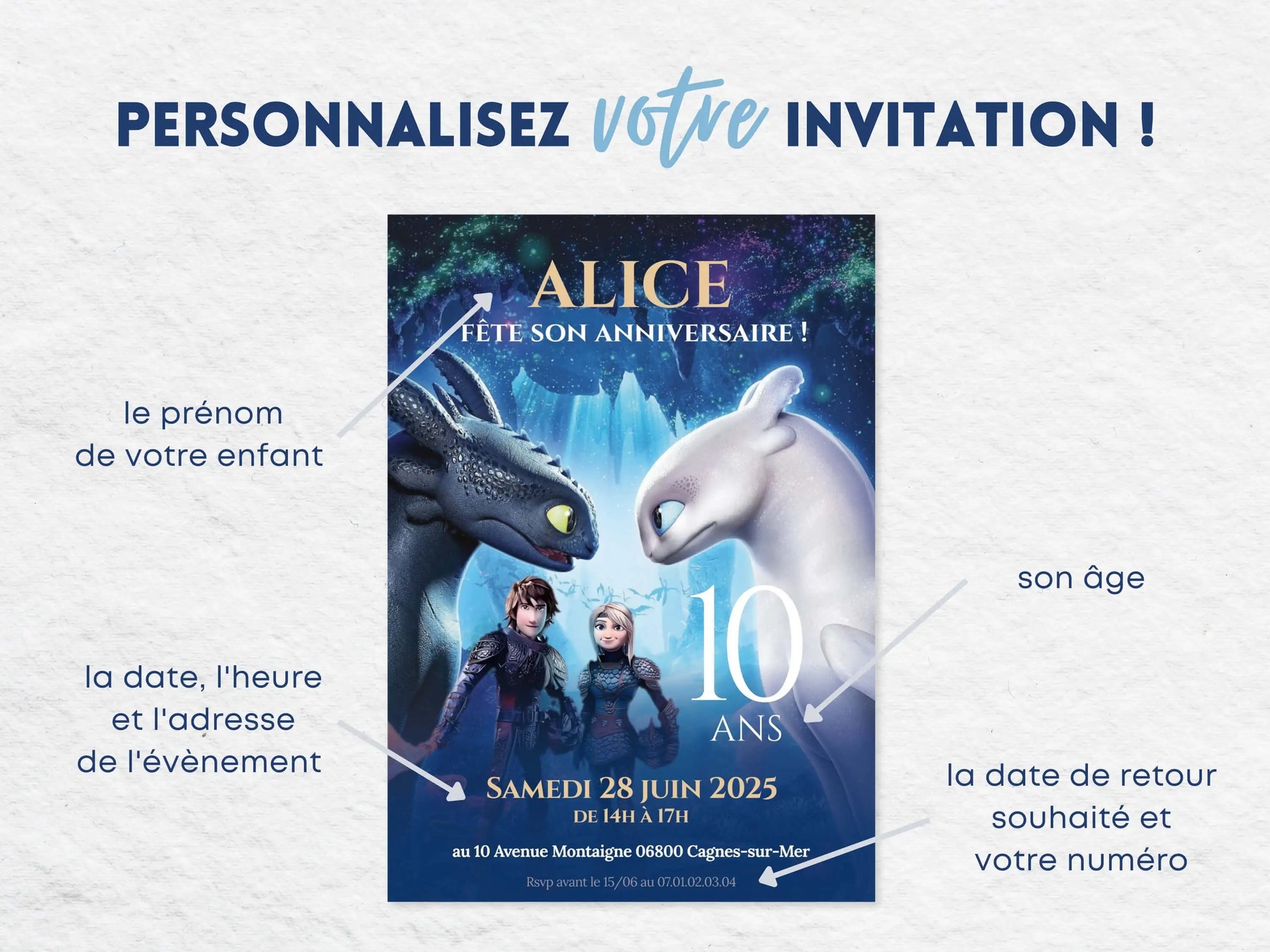 Invitations anniversaire personnalisées DRAGON Krokmou, Furie Éclair, Harold et Astrid