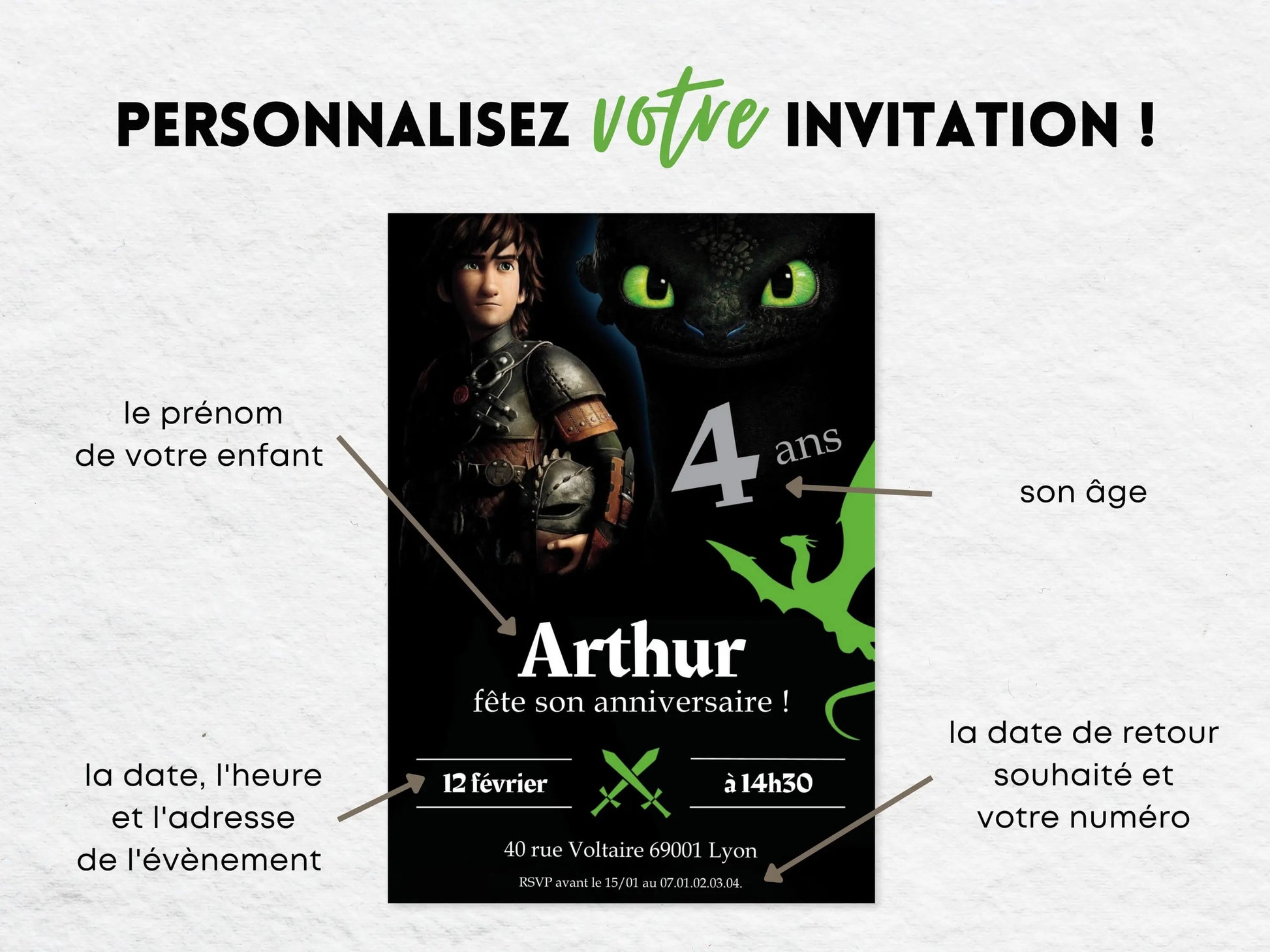 Invitations anniversaire personnalisées DRAGON Krokmou garçon 4 ans
