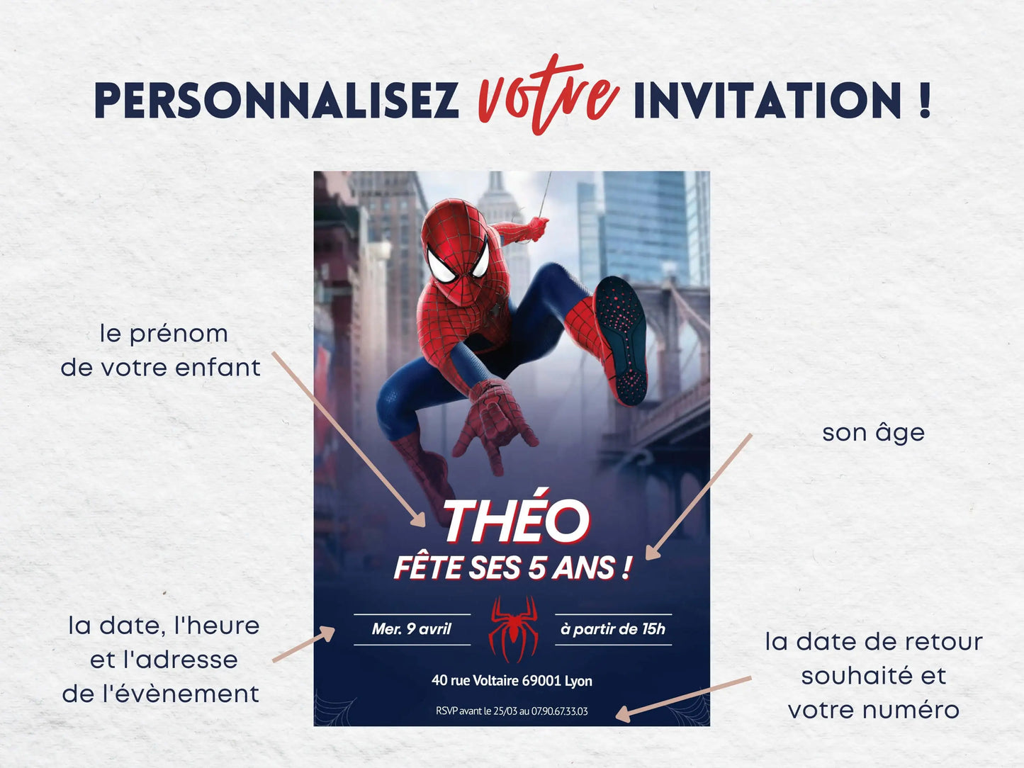 Invitations anniversaire personnalisées SPIDERMAN garçon 5 ans