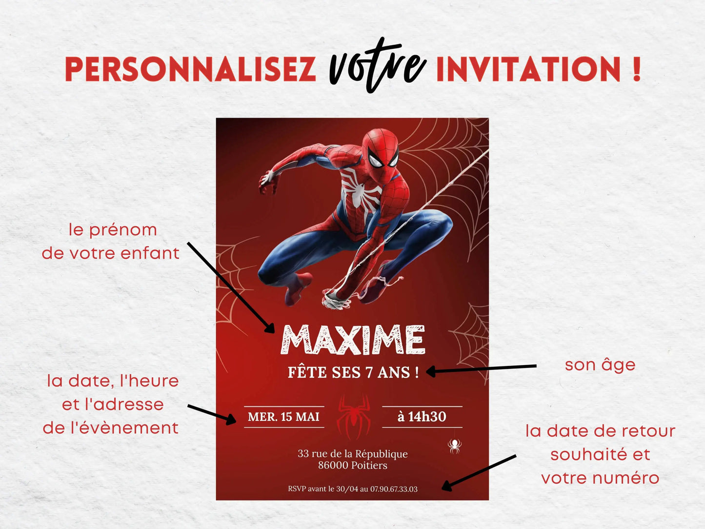 Invitations anniversaire personnalisées SPIDERMAN garçon 7 ans