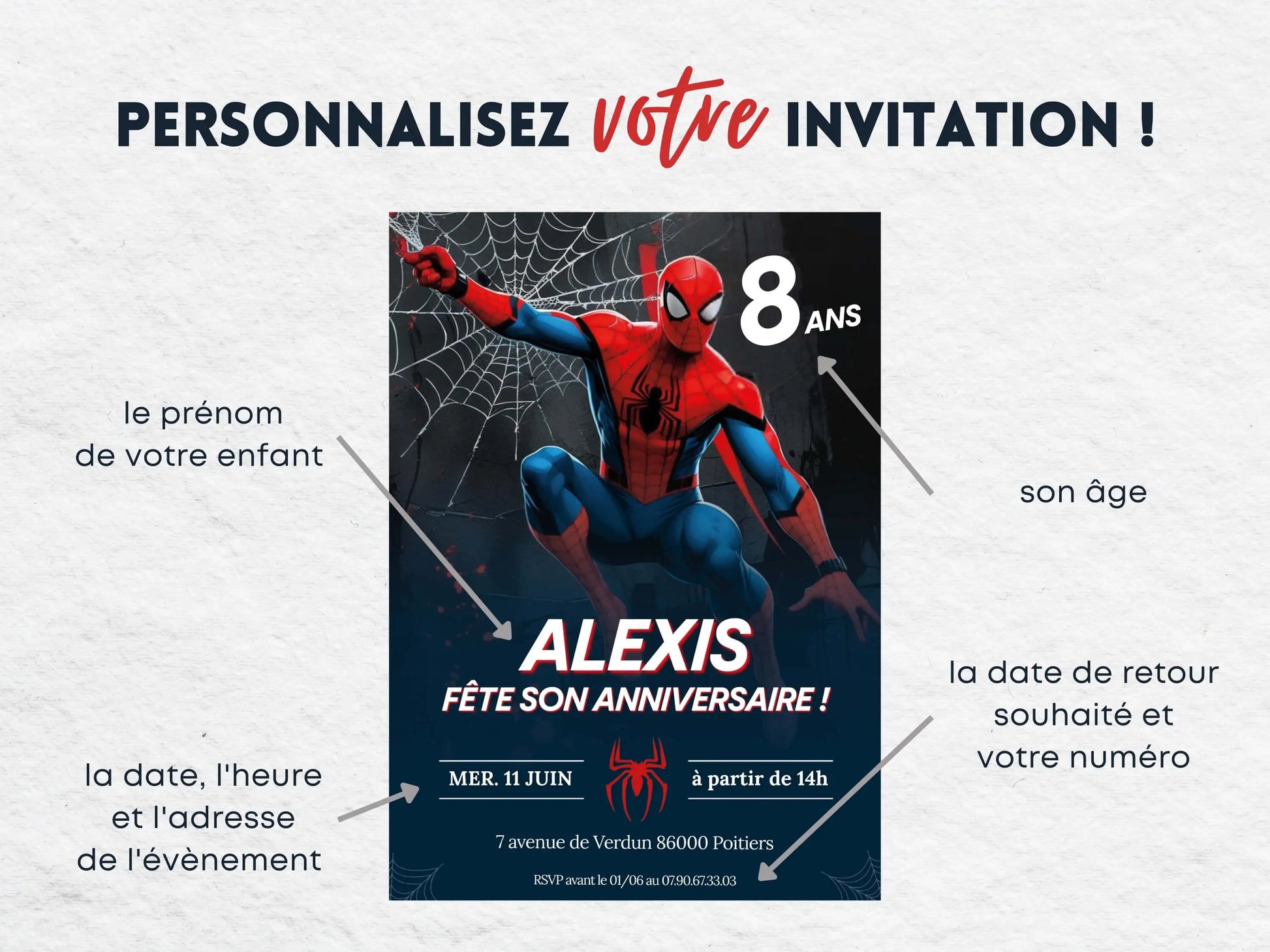 Invitations anniversaire personnalisées SPIDERMAN garçon 8 ans