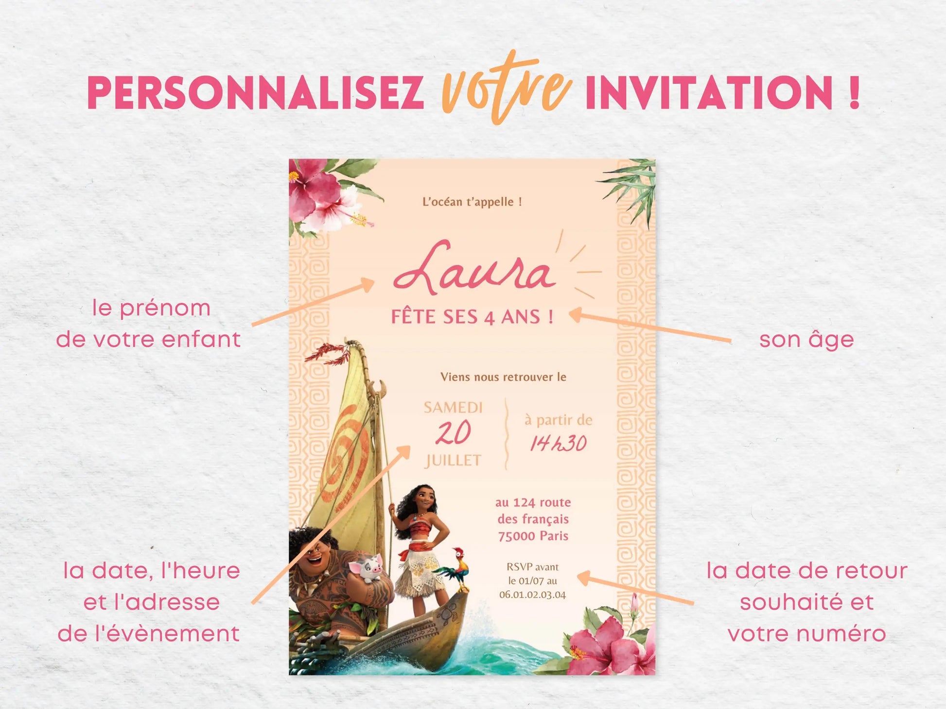 Invitations anniversaire personnalisées VAIANA Moana