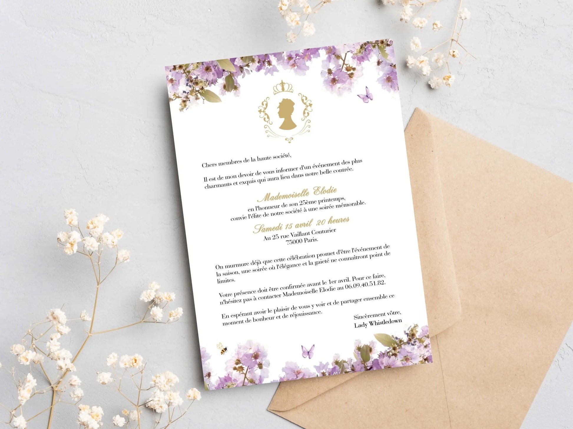 Invitations anniversaire personnalisées avec fleurs BRIDGERTON