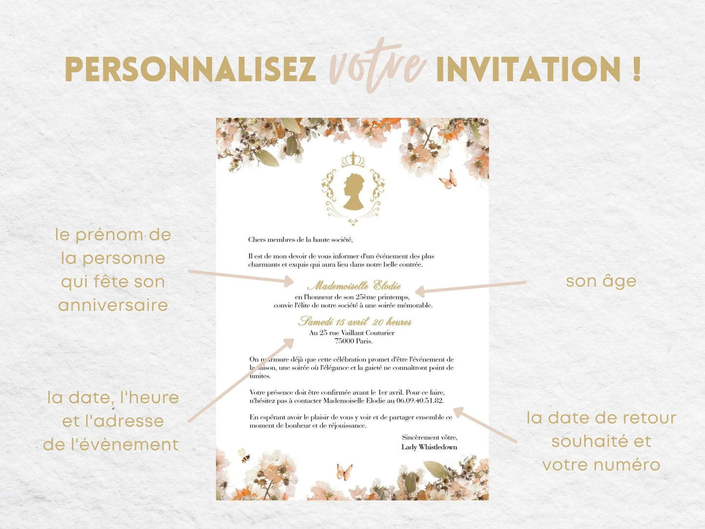 Invitations anniversaire personnalisées avec fleurs BRIDGERTON