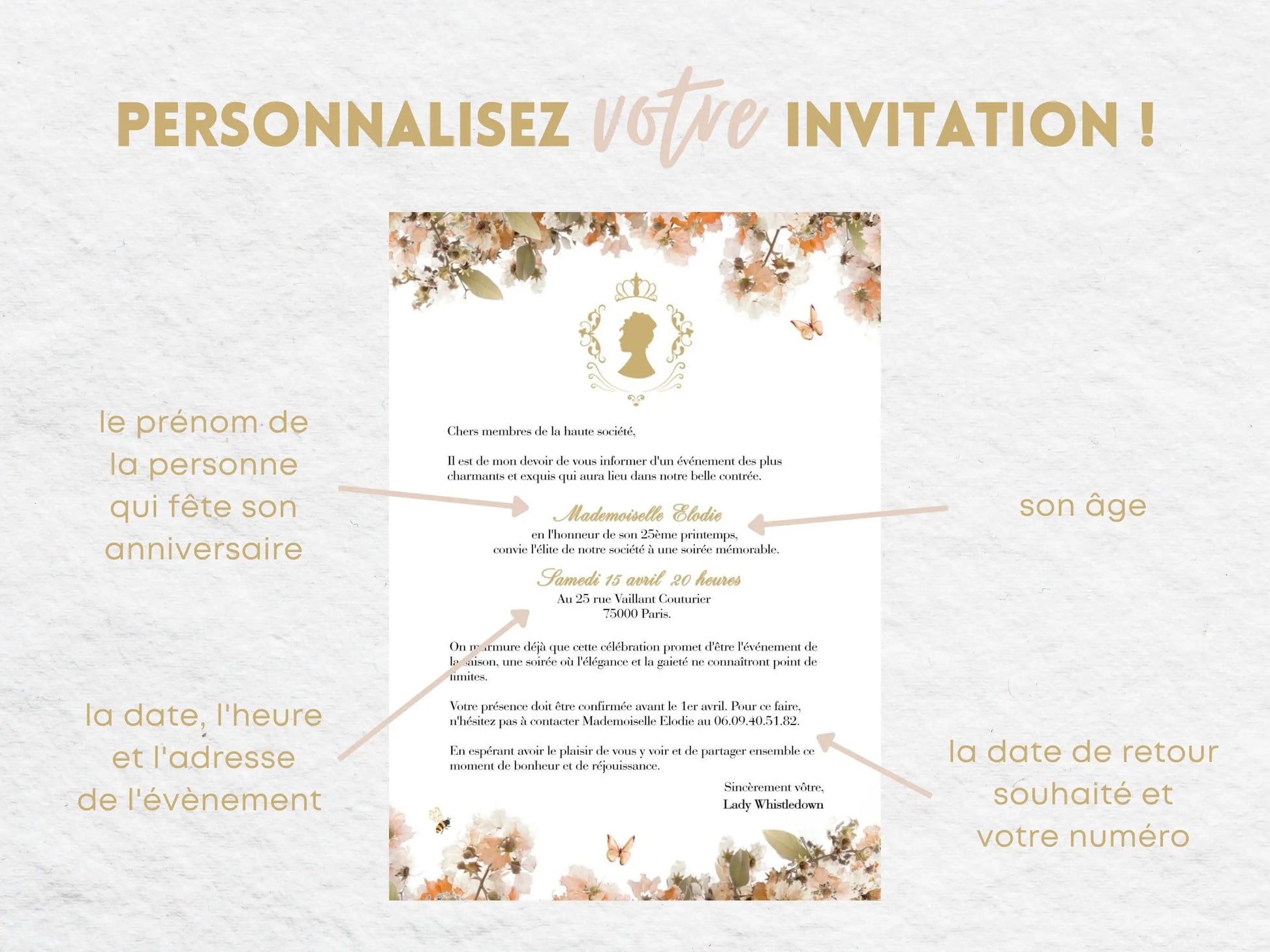 Invitations anniversaire personnalisées avec fleurs BRIDGERTON
