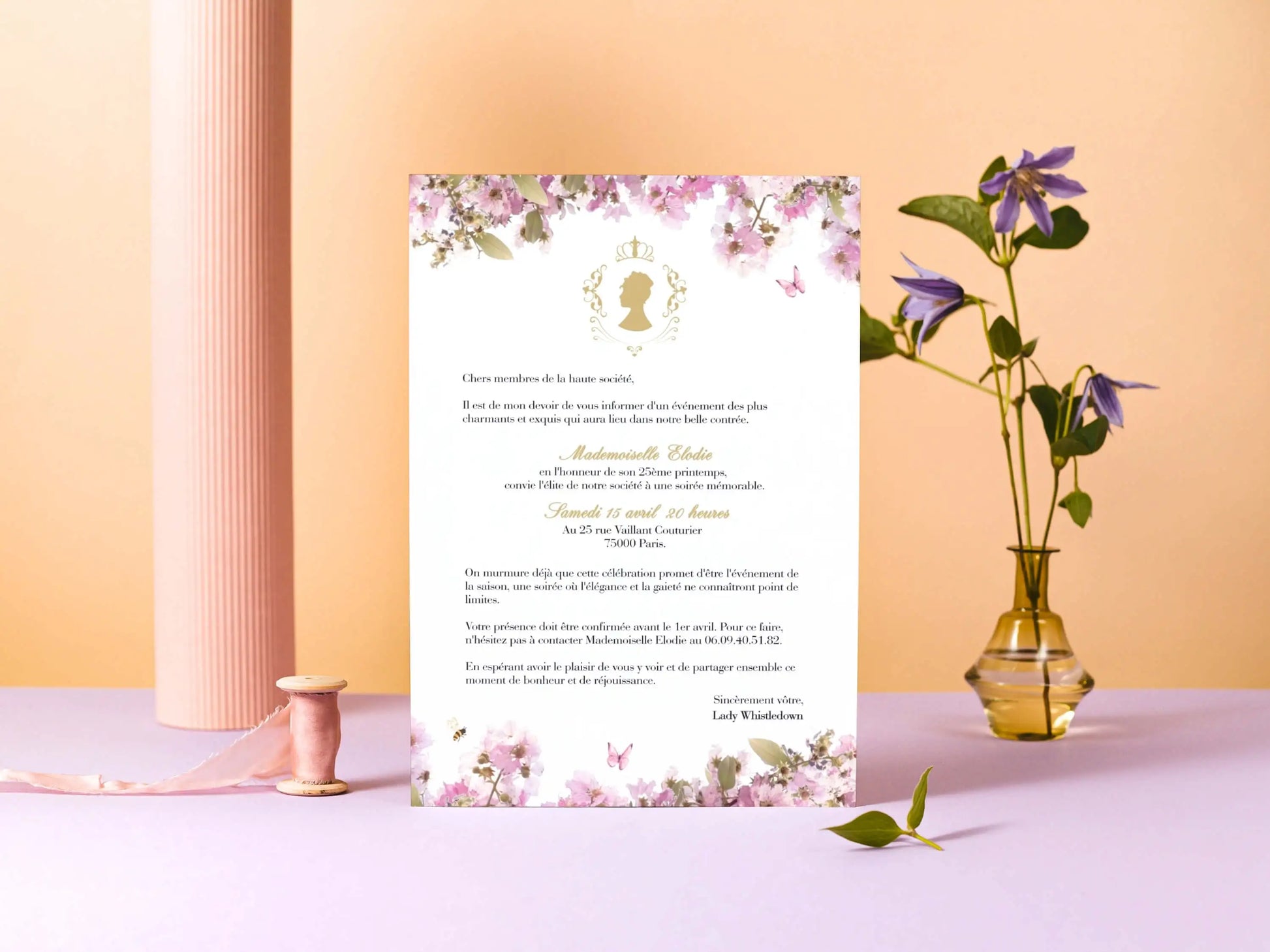 Invitations anniversaire personnalisées avec fleurs BRIDGERTON