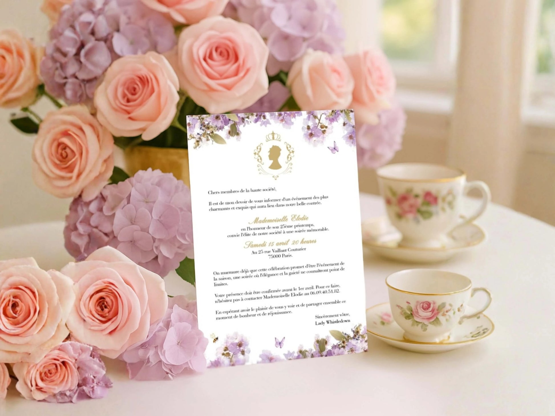 Invitations anniversaire personnalisées avec fleurs BRIDGERTON