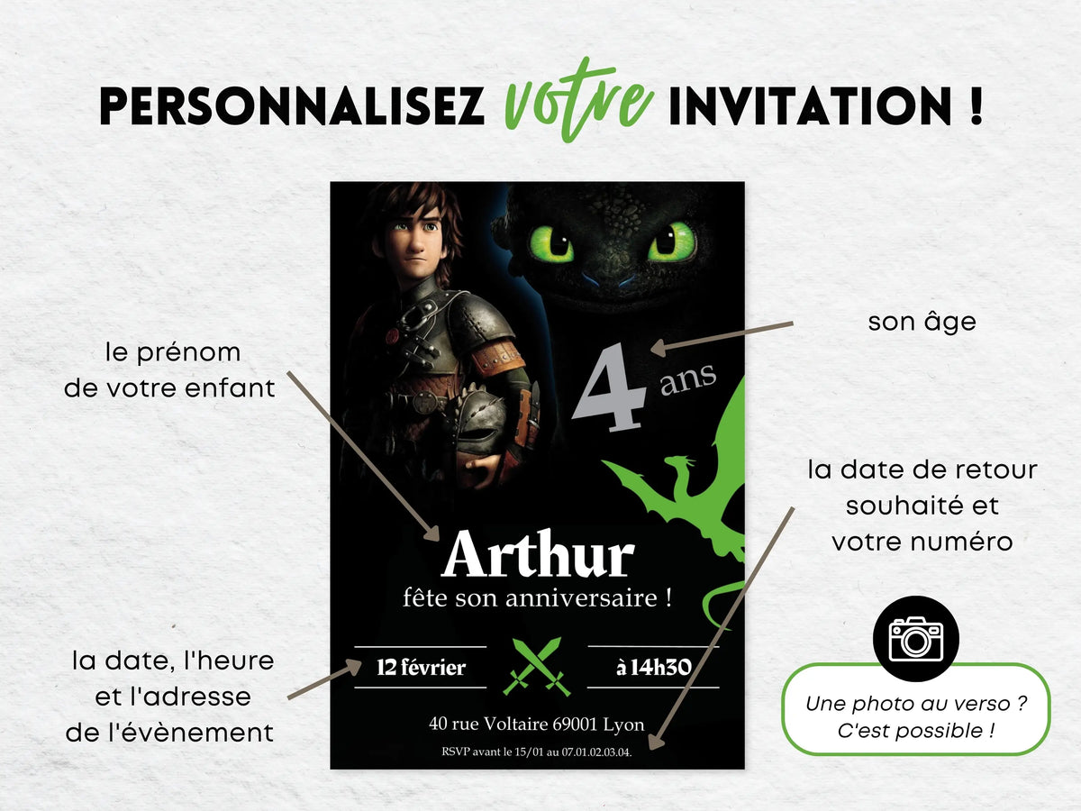 Invitations anniversaire personnalisées DRAGON Krokmou garçon 4 ans