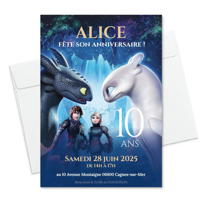 Invitations anniversaire personnalisées DRAGON Krokmou, Furie Éclair, Harold et Astrid