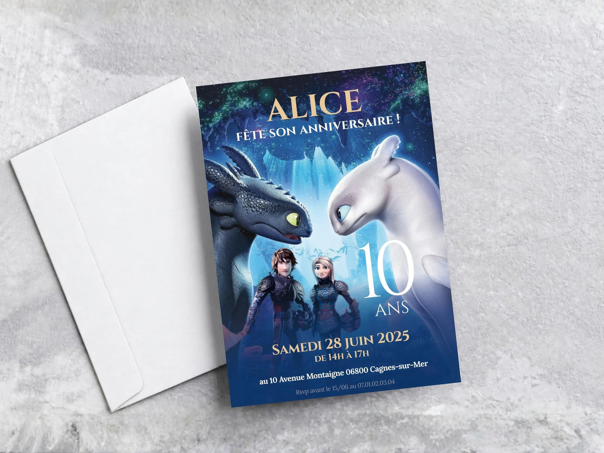 Invitations anniversaire personnalisées DRAGON Krokmou, Furie Éclair, Harold et Astrid