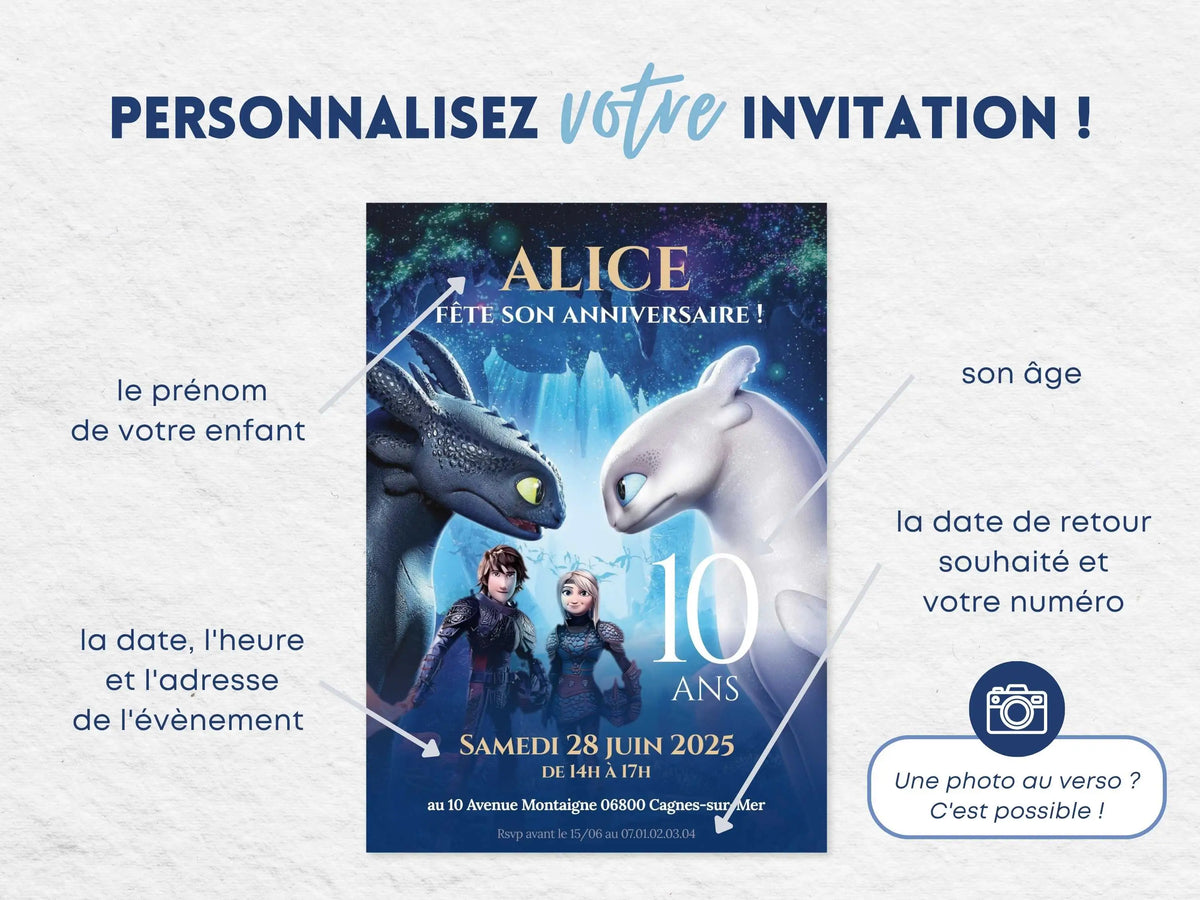 Invitations anniversaire personnalisées DRAGON Krokmou, Furie Éclair, Harold et Astrid