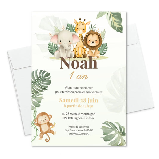 Invitations premier anniversaire personnalisées Jungle Safari animaux savane