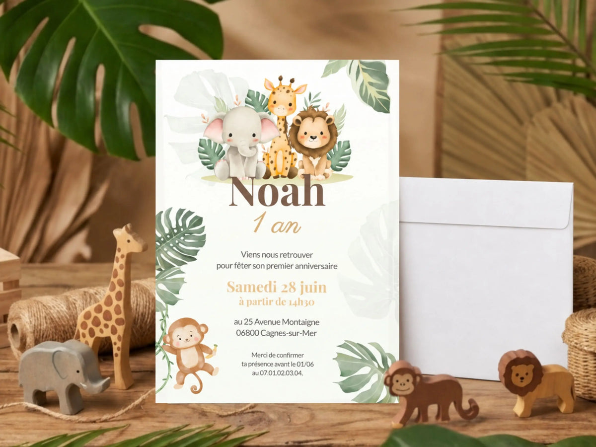 Invitations premier anniversaire personnalisées Jungle Safari animaux savane