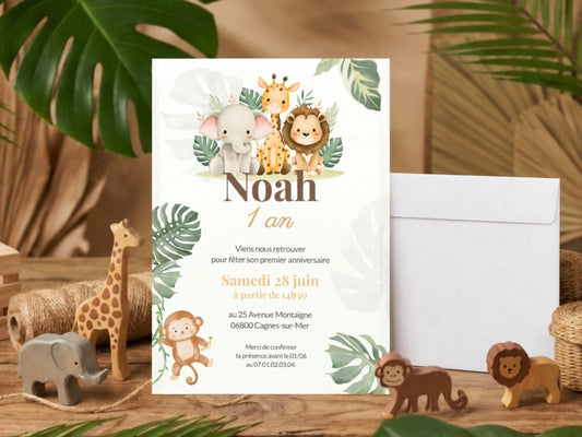 Invitations premier anniversaire personnalisées Jungle Safari animaux savane