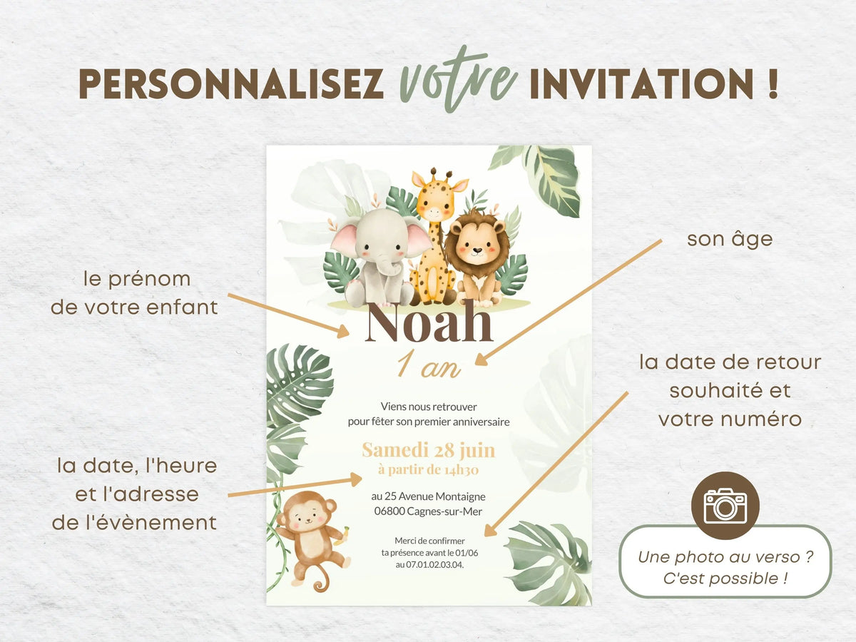 Invitations premier anniversaire personnalisées Jungle Safari animaux savane