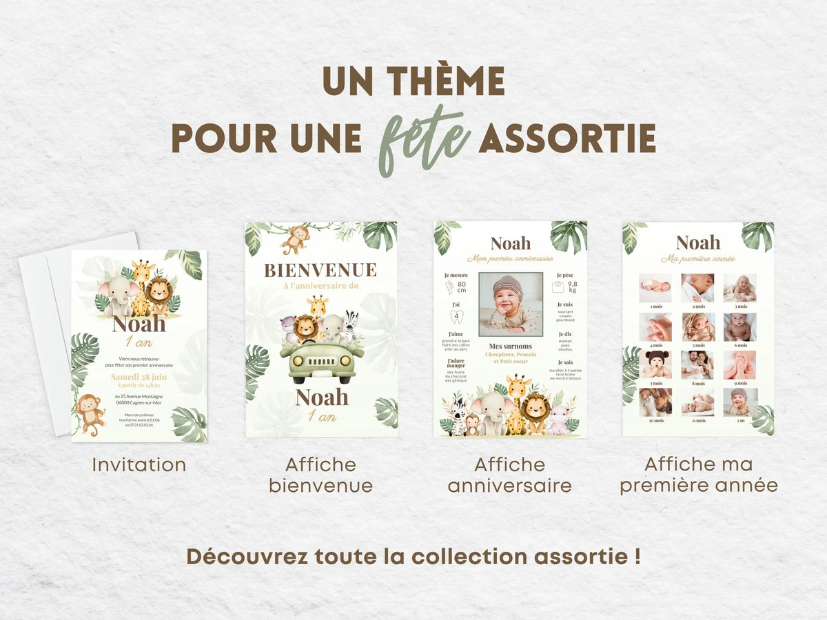 Papeterie thème anniversaire Jungle Safari animaux savane (invitation, affiche)