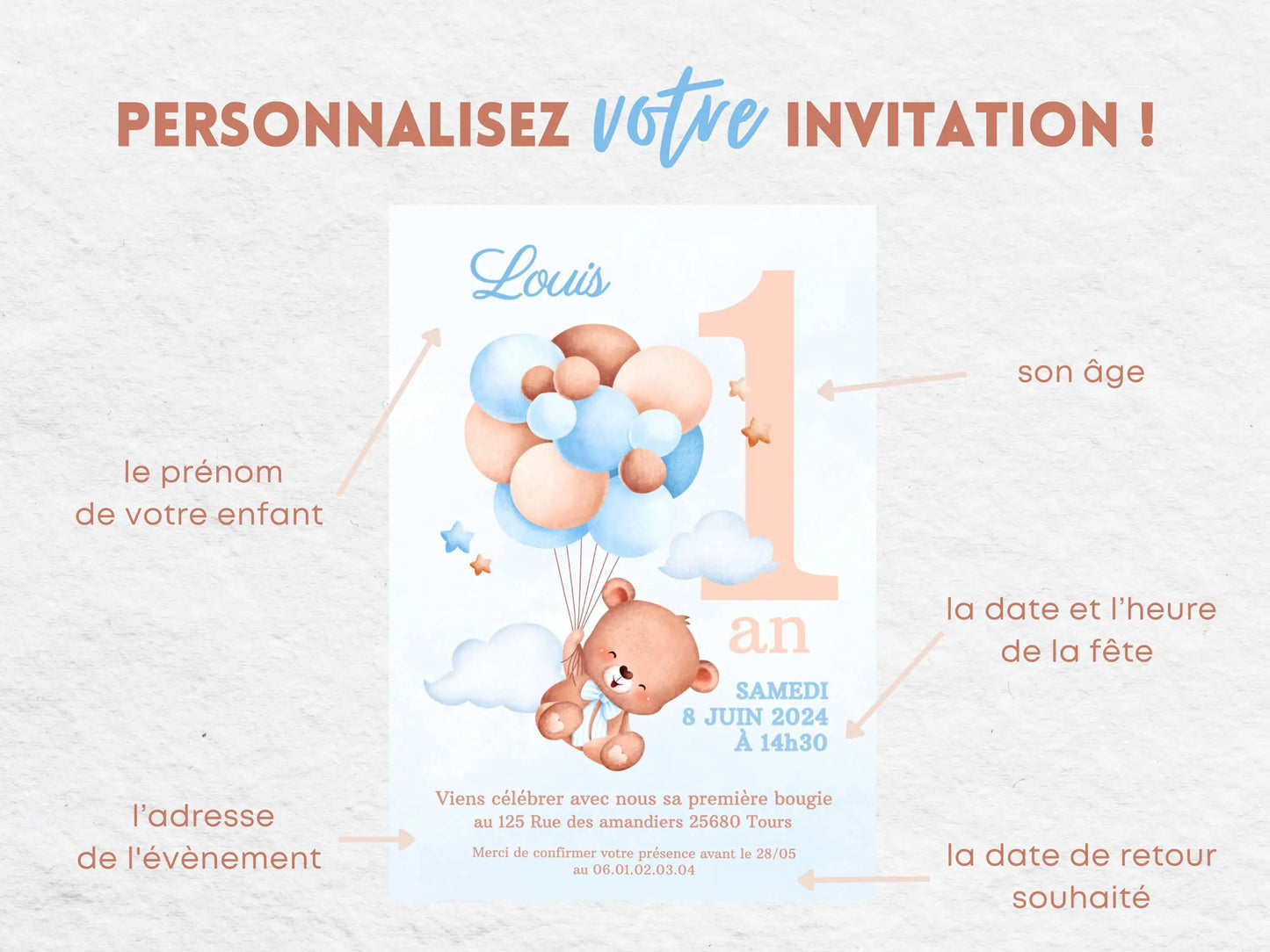 Invitations personnalisées OURSON BLEU Modele 2