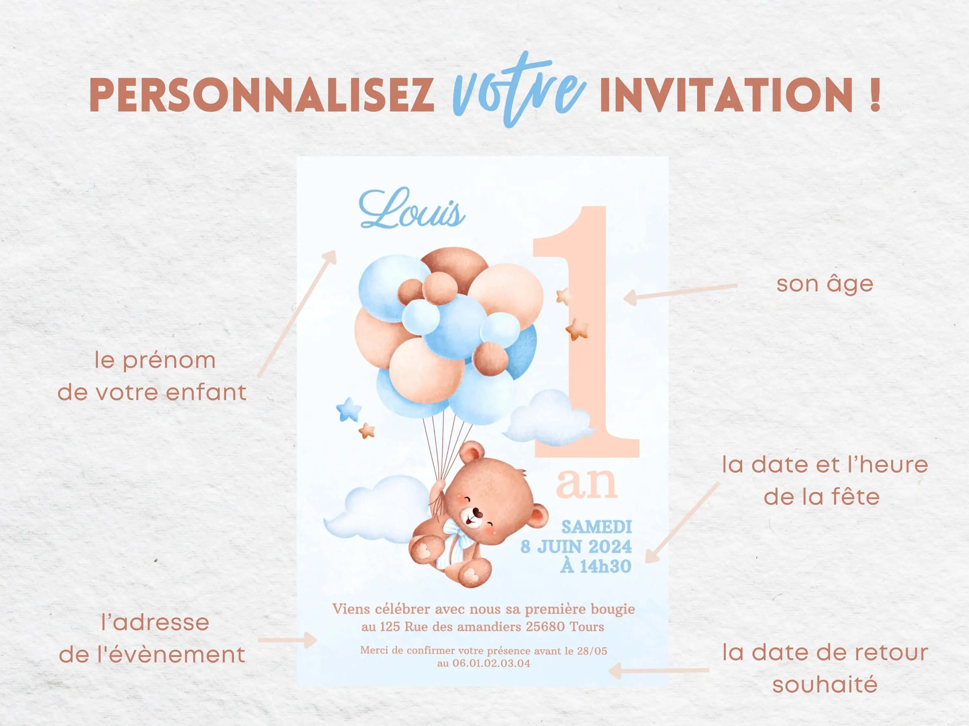Invitations personnalisées OURSON BLEU Modele 2