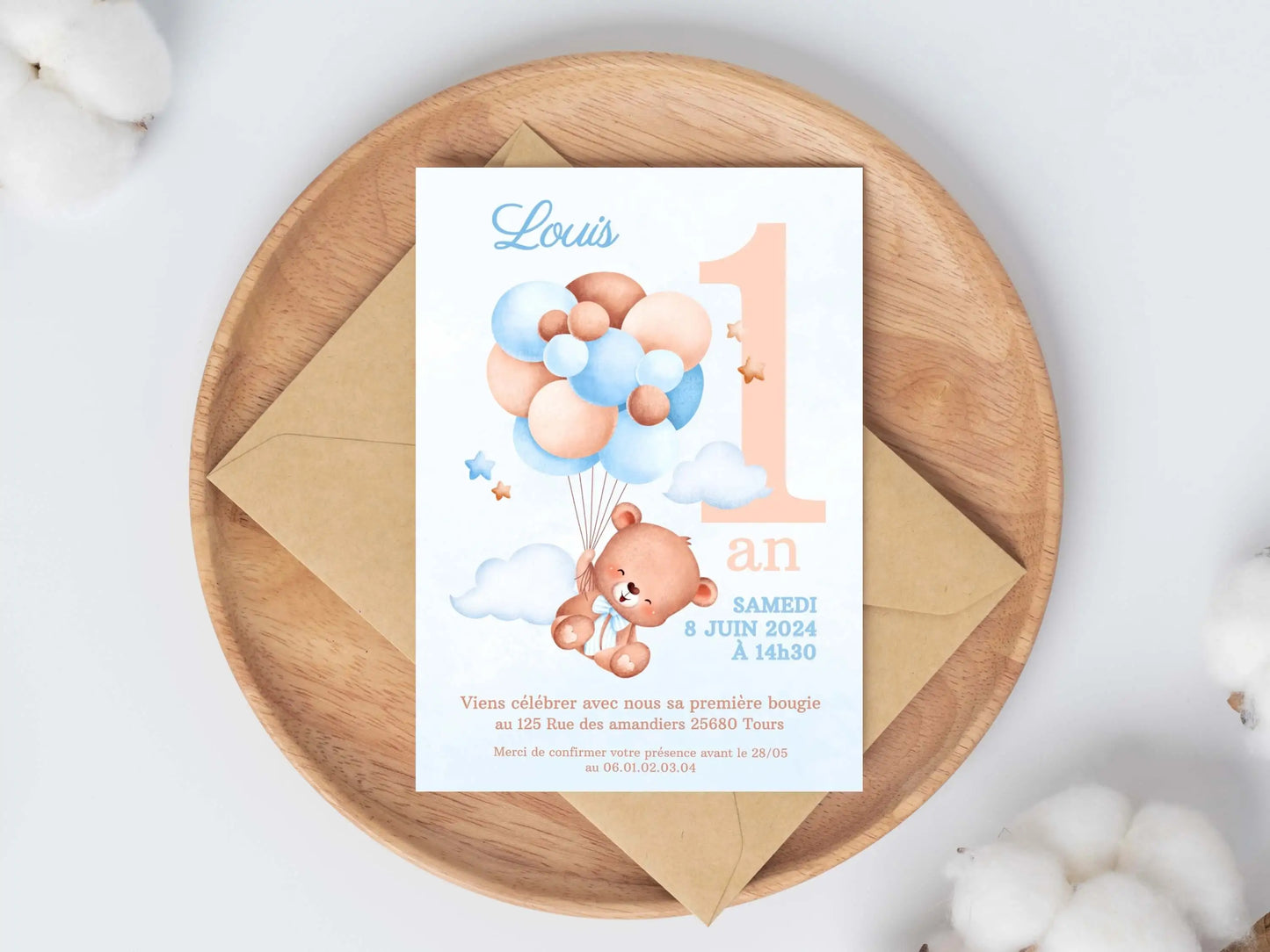 Invitations personnalisées OURSON BLEU Modele 2
