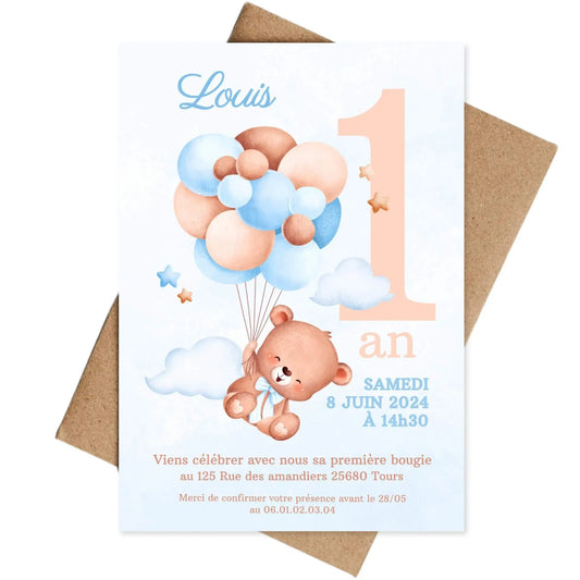 Invitations personnalisées OURSON BLEU Modele 2