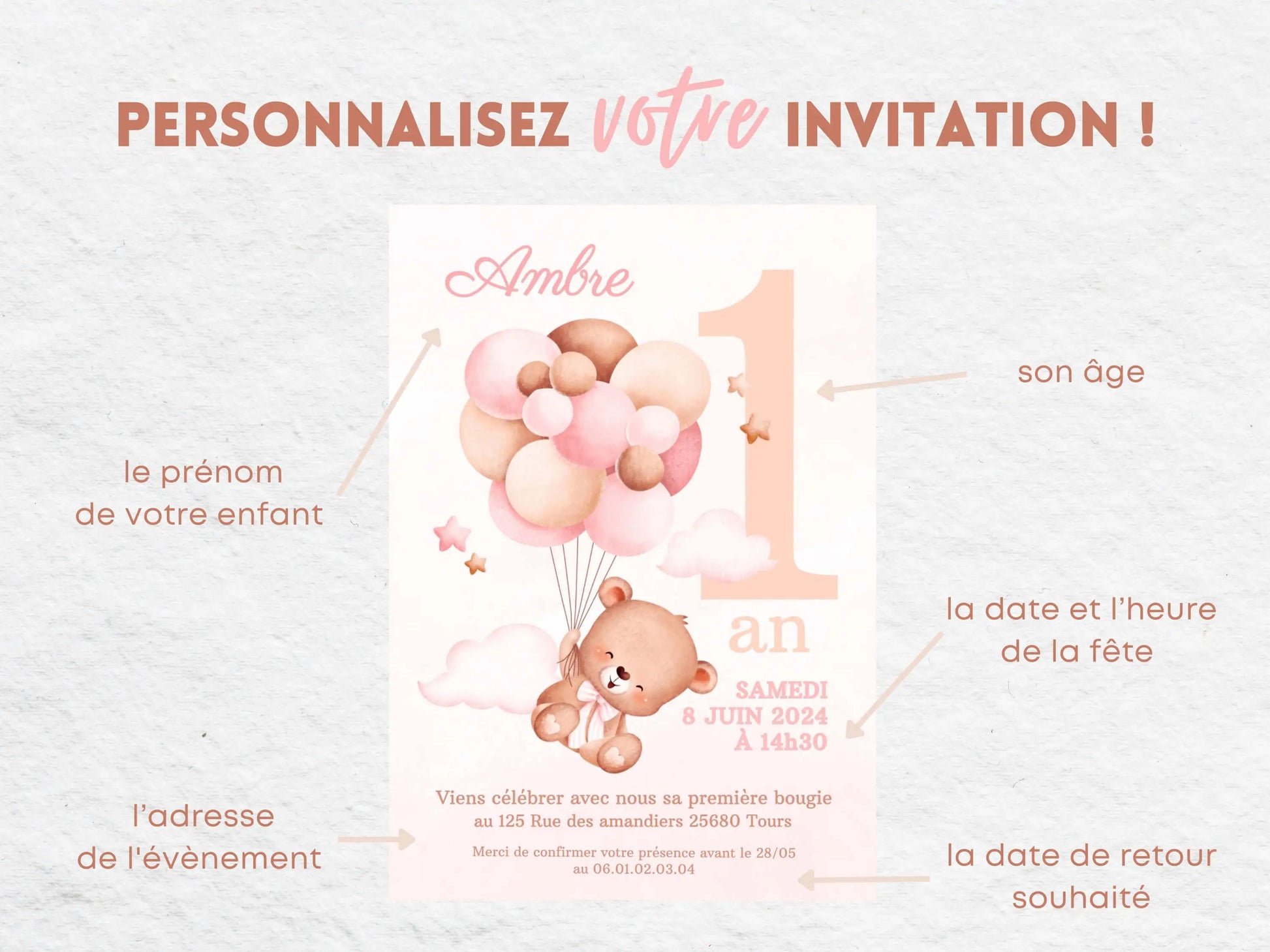Invitations personnalisées OURSON ROSE