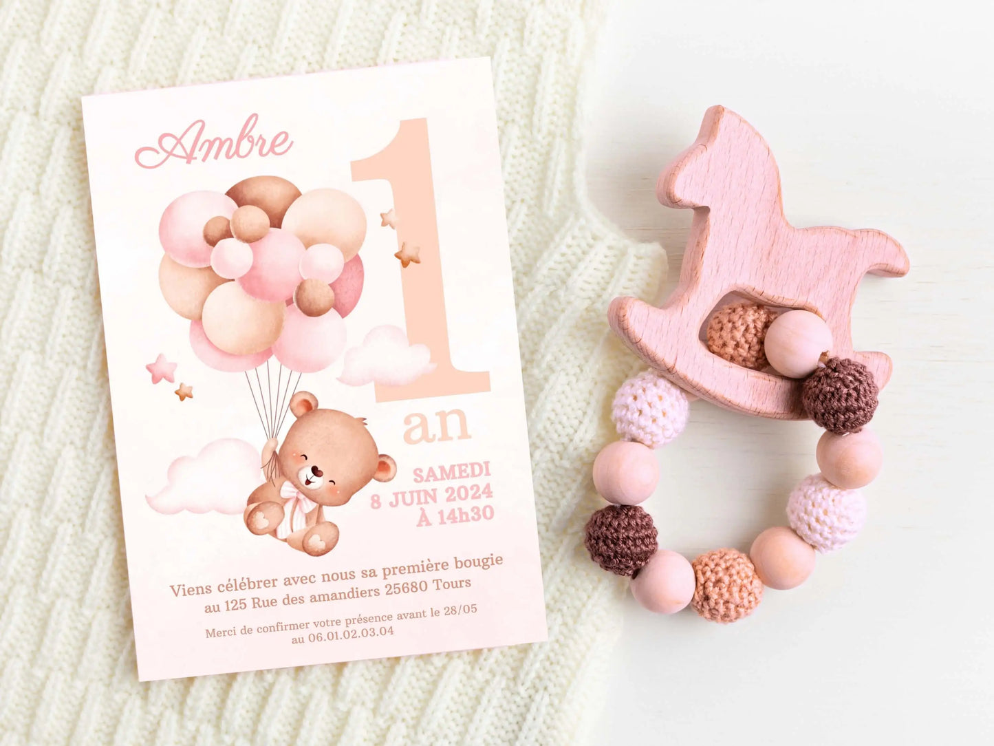 Invitations personnalisées OURSON ROSE
