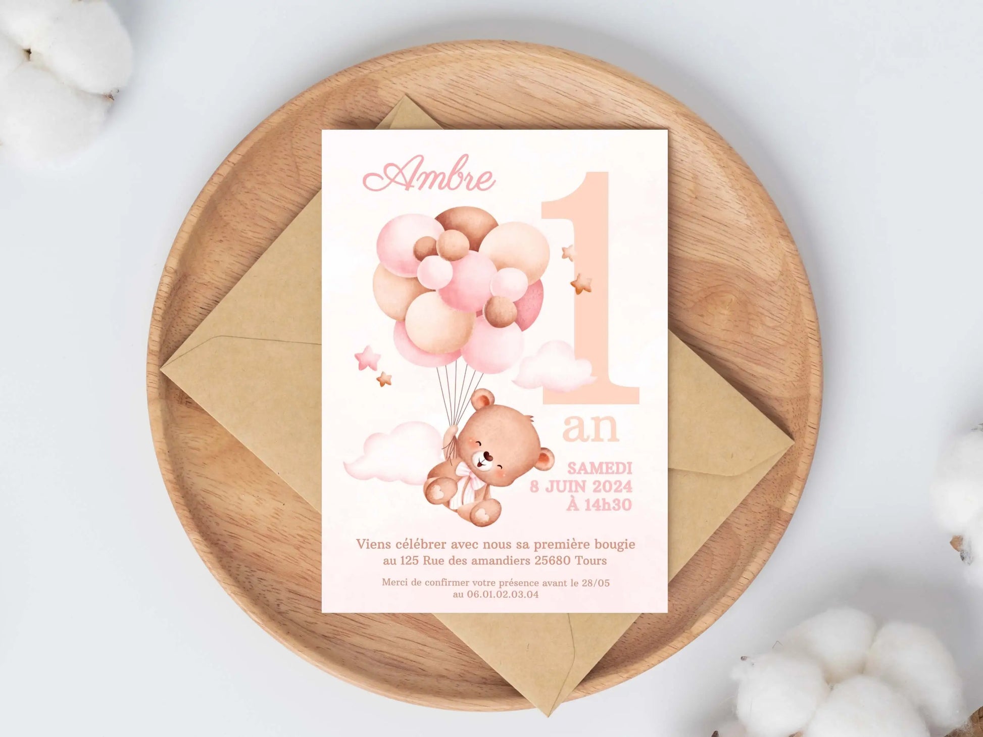 Invitations personnalisées OURSON ROSE