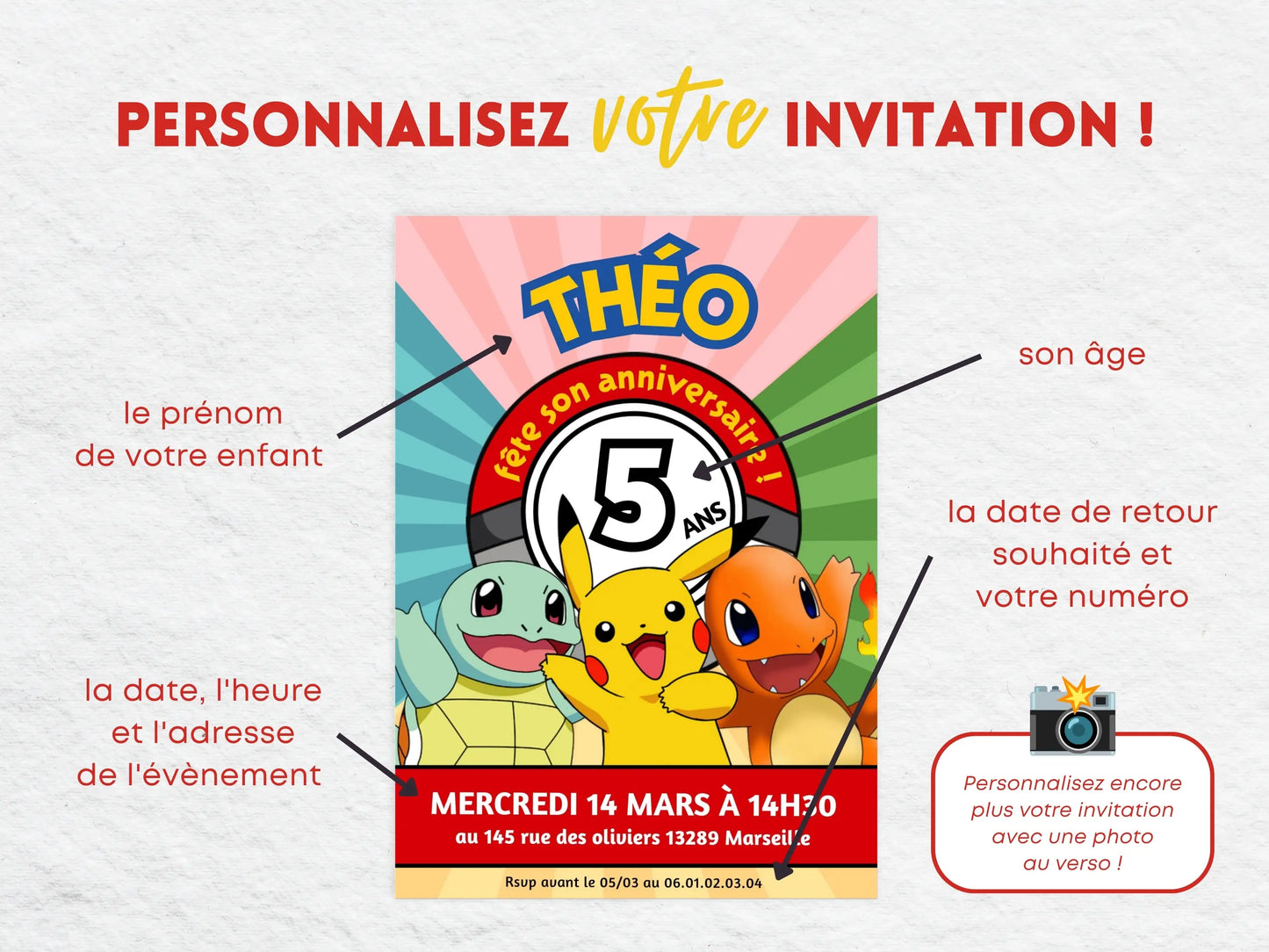 Personnalisation d’une invitation anniversaire Pokémon avec Pikachu, Salamèche et Carapuce : prénom, âge, date, heure, adresse et option photo au verso.